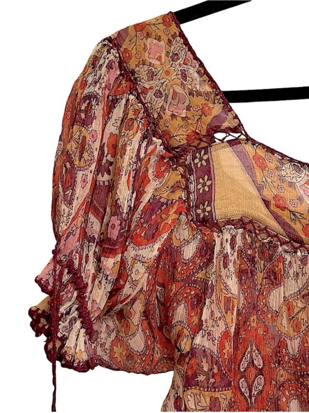 Ice Silk Boho Print Crochet Tassel Peasant Blouse Festival Cottagecore Top Sz S - Picture 7 of 12